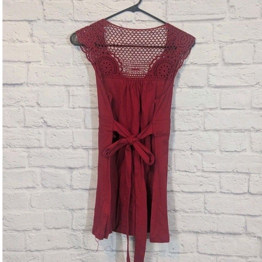 LEI Jrs XL Red Y2K Boho Babydoll top Crochet Lace Sleeveless Empire Waist Tie - Picture 2 of 6